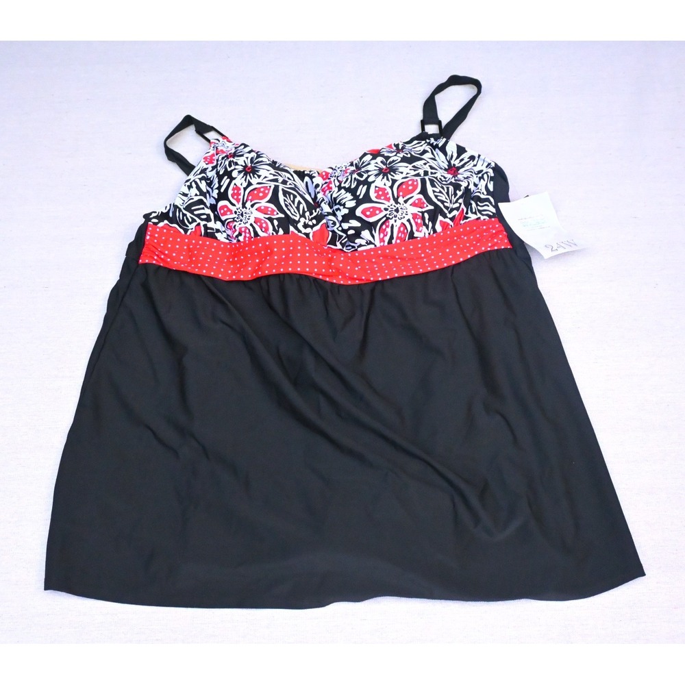 Delta Burke Womens 24W Skirted Swimwear Black Red Floral Pin Dot Ruched Band NWT